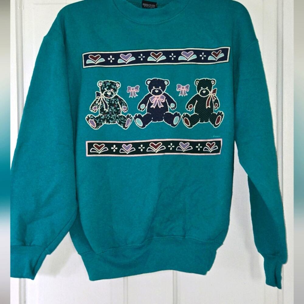 Vintage 80s Teal Teddy Bear Sweatshirt Size M Cute Retro Rare Find